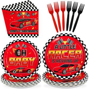 96pcs Race Car Baby Shower Decorations A Little Racer Is Revving Up Plates and Napkins Race Car Theme Tableware For Boys Baby Shower Birthday Party Decorations
