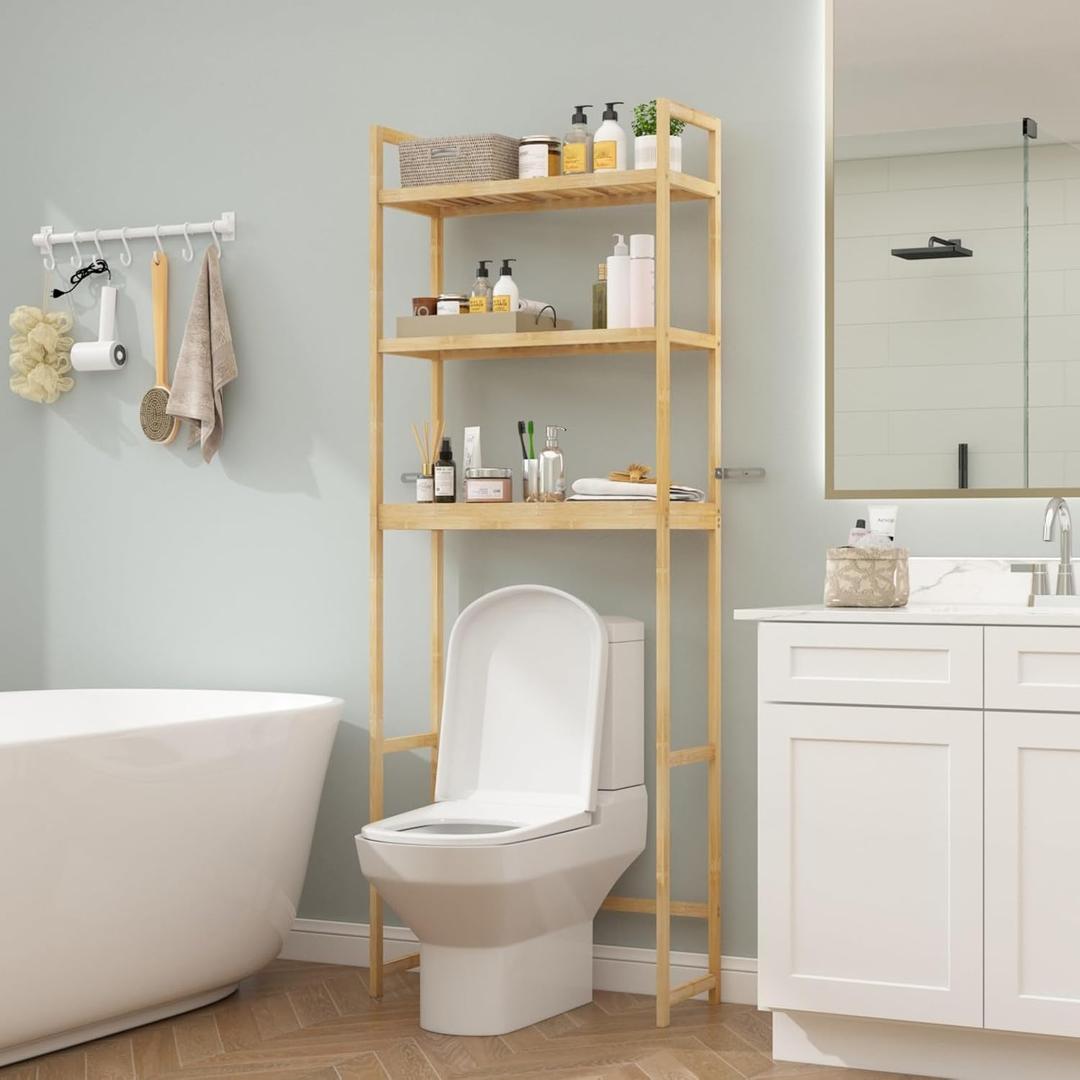FAMAPY Bamboo Over The Toilet Storage Shelf, 3-Tier Bathroom Above Toilet Organizer Shelf, 4 Hooks, Space-Saving Toilet Stand for Restroom Laundry, Oak 10.2D x 24.8W x 66.9H