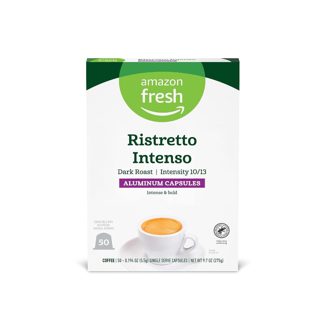 Amazon Fresh Ristretto Intenso Dark Roast Aluminum Capsules, Compatible with Nespresso Original Brewers, Intensity 10/13, 50 Count (5 Packs of 10) (BBD 22 APR 2026)