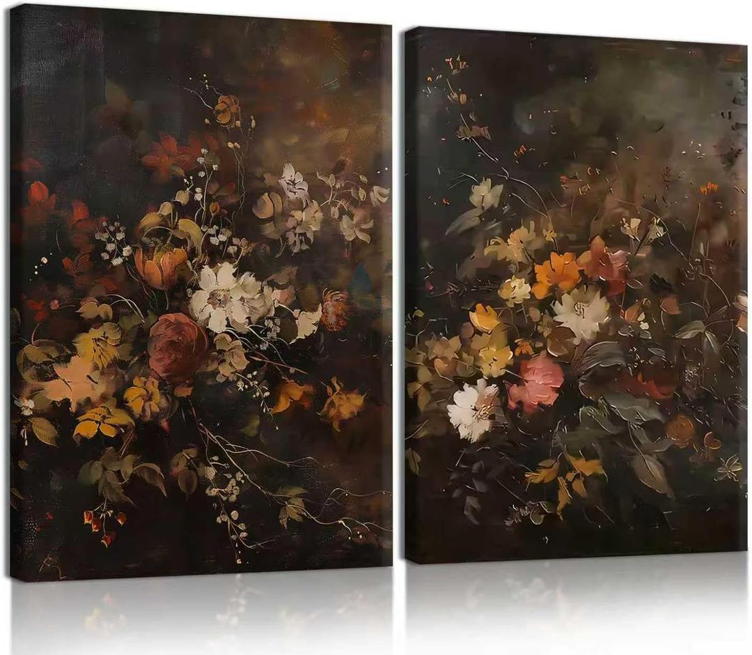 2pcs Vintage Dark Floral Canvas Wall Art Moody Autumn Floral Wall Decor Pictures Country Flowers Posters Prints Still Life Paintings for Farmhouse Living Room Bedroom Dining Room Decor 16x24 Inch
