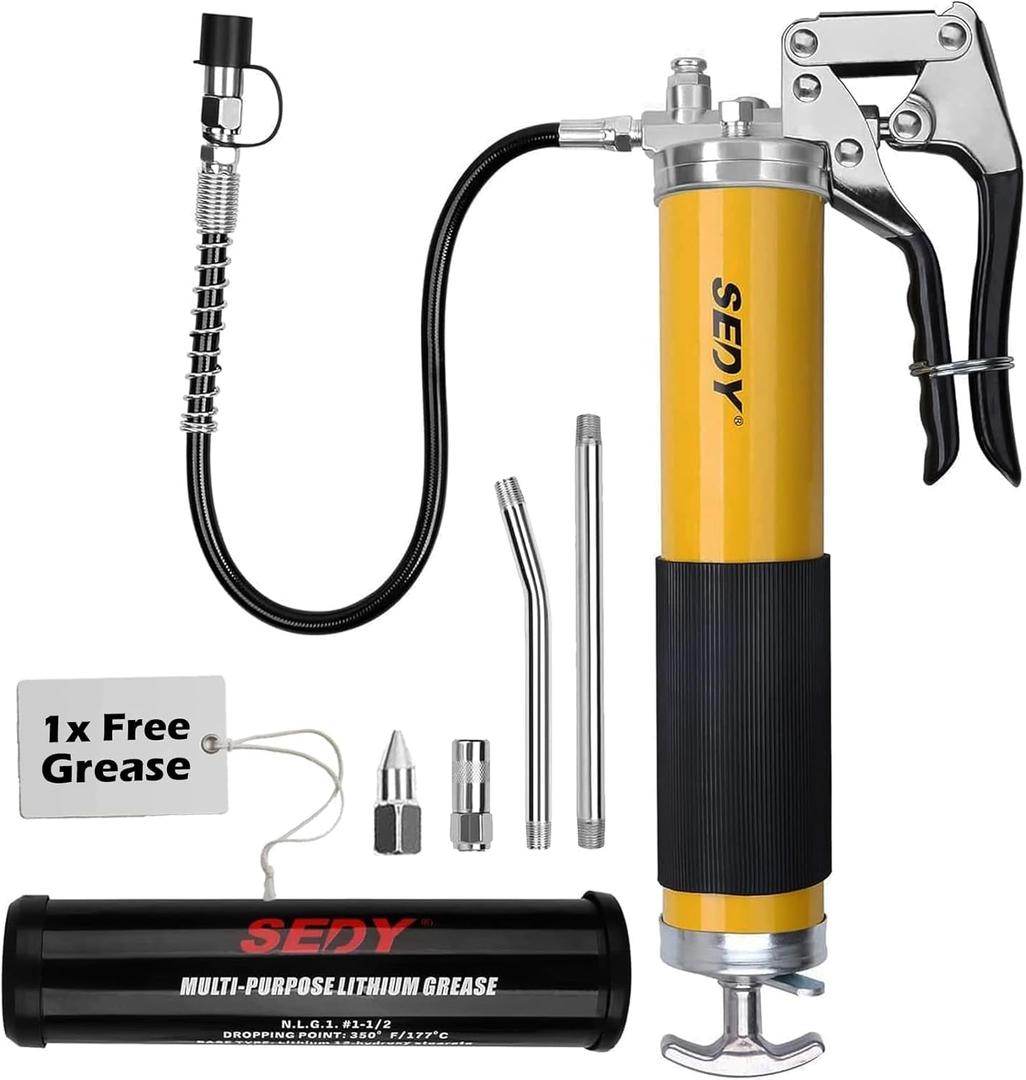 Heavy Duty Grease Gun Kit - 14oz Free Grease Tube 8000 PSI Pistol High Pressure Flexible Hose Bearing Grease Pump Marine Durable Connectors Adapters Extension Tubes Nozzle Easy Operation