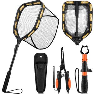 PLUSINNO Floating Fishing Net for Steelhead, Salmon, Fly, Kayak, Catfish, Bass, Trout Fishing, Rubber Coated Foldable Landing Net with Fixed or Telescoping Pole Handle, Fishing Gear and Gifts for Men (Large, 11.8"/30cm Hoop Size 0.8M Orange (Fixed Pole)With Accessory)