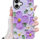 KANGHAR Cute Case for iPhone 16 Case for Women Girls [Compatible with MagSafe] Purple & White Oil Painting Floral Print Pattern Design, Aesthetic Girly Flowers Magnetic Protective Phone Cover