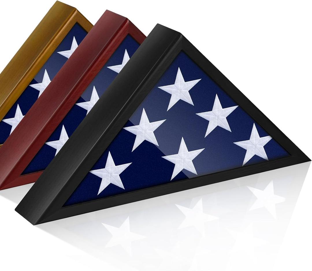 Glass Front Flag Display Case for 5' x 9.5' Folded Burial Flag, Black Solid Wood Frame, Wall Mount Military Flag Box Display Case for Veterans