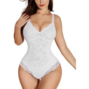 SHAPSHE Lace Bodysuits for Women Sexy V Neck Lined Slimming Thong Shapewear Tummy Control Sleeveless Body Suit (Large, Beige)