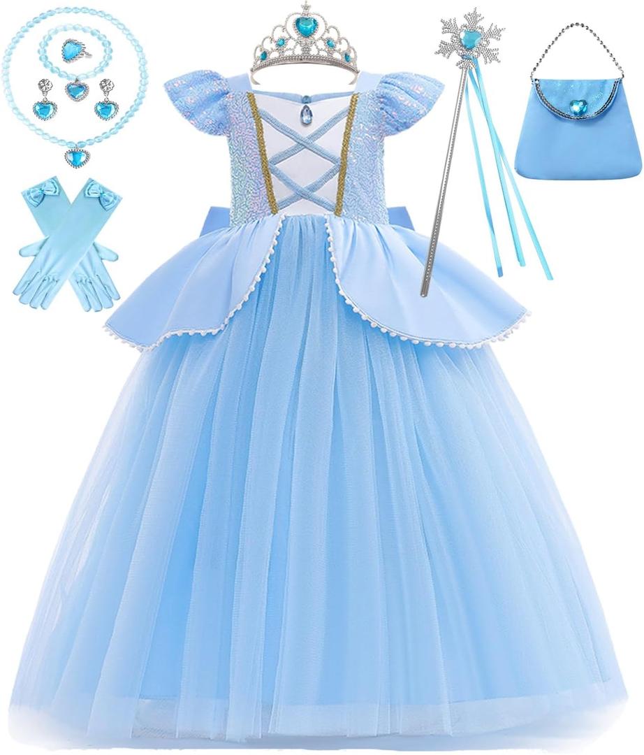 Girls Princess Cinderella Dress Kids Halloween Cosplay Dress up Costume Sets for Cinderella, 7-8Years