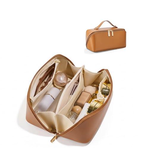 ALEXTINA Travel Makeup Bag Organizer for Women, Large Capacity Cosmetic Make up Bag with 180° Open-Flat Design & Collapsible Handle, Waterproof Vegan Leather Toiletry Bag for Travel Essentials, Brown