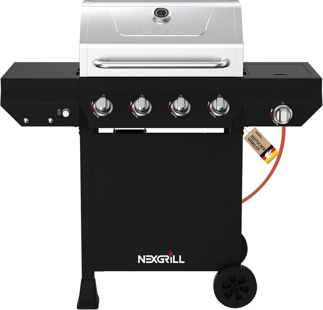 Nexgrill Classic 4-Burner Gas Barbecue with Side Burner - Premium Stainless Steel Gas Grill with Porcelain-Coated Cast Iron Grates, Even-Heat System - Garden, Balcony & BBQ Events