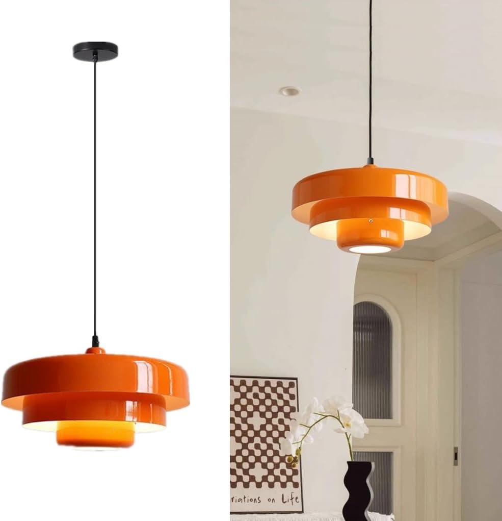 Industrial Pendant Lamp 14'' Nordic Ceiling Pendant Lighting, 3-Layer Metal Shade Design, Vintage Hanging Light Flush Chandelier for Kitchen Island, Dining Table Living Room Hallway(Orange)