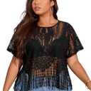 SOLY HUX Women's Plus Size Sheer Lace Tee Fringe Hem Short Sleeve See Through T Shirt Tops Concert Outfits (Black Pure, Xl-large Plus)
