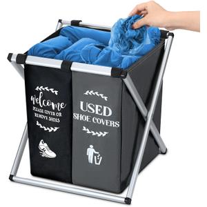 Foldable Disposable Shoe Cover Box Dispenser Fabric Storage Bin Holder with Used Shoe Covers and Welcome Please or Remove Sign for Open House Supplies(Black, Gray)