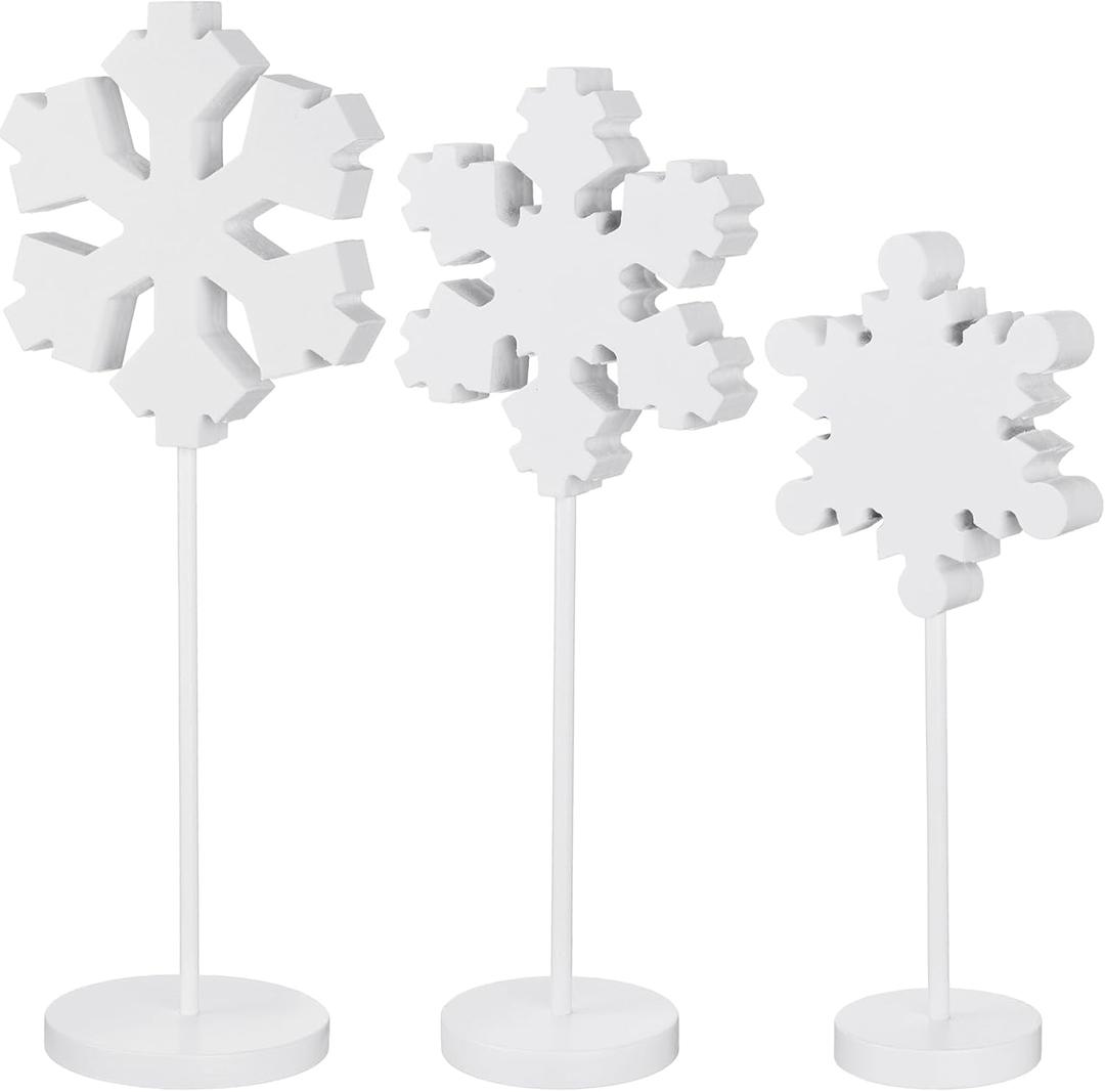 Huwena 3 Pcs White Winter Standing Wooden Snowflakes Block Christmas Snowflake Tabletop Decor Rustic Wooden Xmas Ornaments Decor for Home Winter