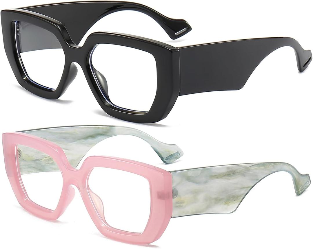 AIEYEZO Thick Frame Blue Light Glasses Men Women, Fashion Square Computer Eyeglass Anti Eyestrain & Prevent Headache 2 Pack (Black + Pink)