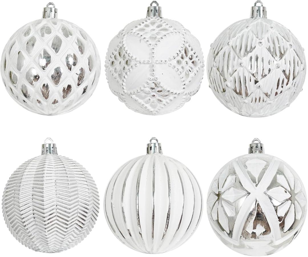 XmasExp Vintage Rustic Christmas Ball Ornaments Sets, Neutral Shatterproof Christmas Ornaments Farmhouse Christmas Tree Decorations Large Hanging Balls for Xmas Home Party (Silver White, 6Pcs)