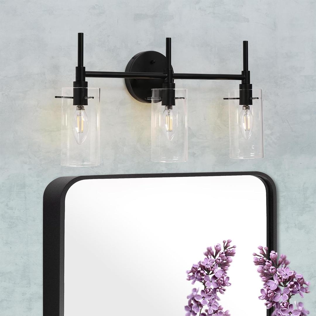 Modern Farmhouse 3 Light Vanity Fixtures, Matte Black Bathroom Lights with Glass Shades for Bedroom, Living Room Modern Farmhouse 3 Light Vanity Fixtures, Matte Black Bathroom Lights with Glass Shades for Bedroom, Living Room