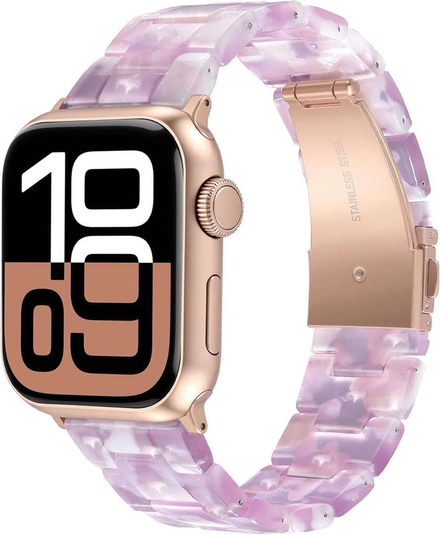 V-MORO Resin Bands Compatible with Apple Watch Series 11/10/9/8/7 Band 45mm 46mm Rose Gold Buckle Lightweight Fashion Strap Bracelet for iwatch Series SE/6/5/4/3/2/1(Purplish Flower,38/40/41/42mm)