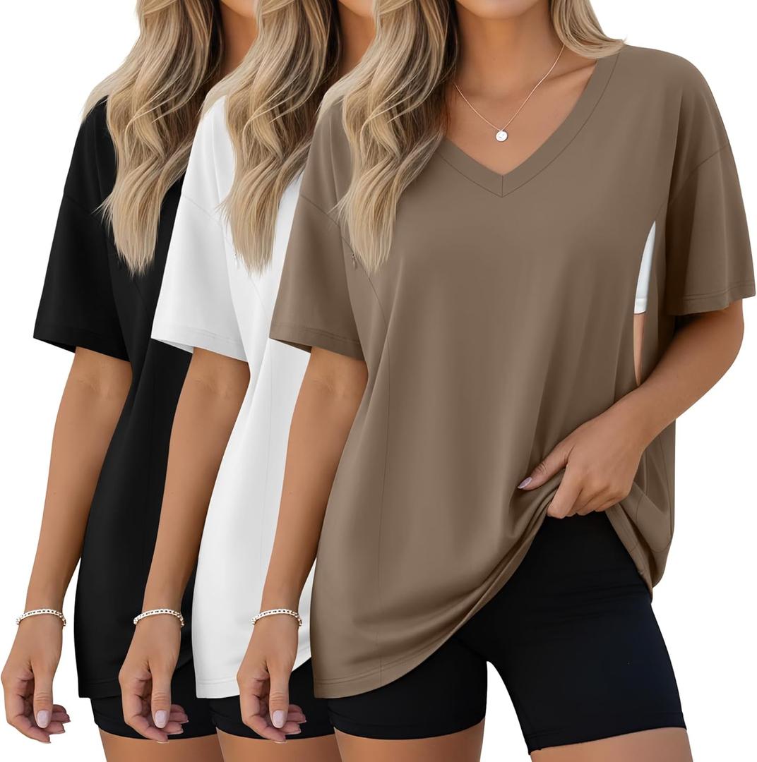 3 Pack Women's Oversized Nursing Shirts for Breastfeeding with Hidden Zippers, Loose Fit Short Sleeve Maternity Tops, X-Large (Light Brown, White, Black)
