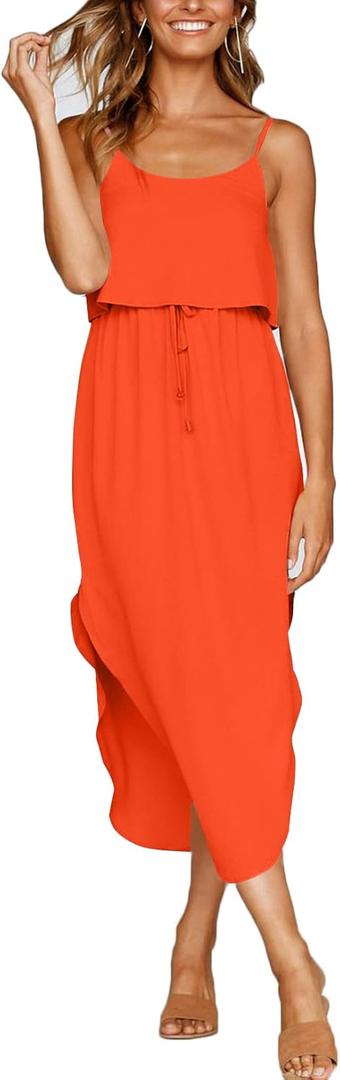 Women's Adjustable Strappy Split Summer Beach Casual Midi Dress (Medium, Orange)