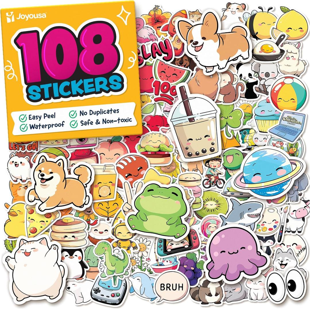 Cute Stickers for Kids - Kawaii Water Bottle Stickers for Teens - 108pc Teacher Reward for Kids Classroom - Easy Peel Sticker Pack - Waterproof Vinyl Stickers for Water Bottles, Scrapbook, Notebook (108pc - Playful & Fun)