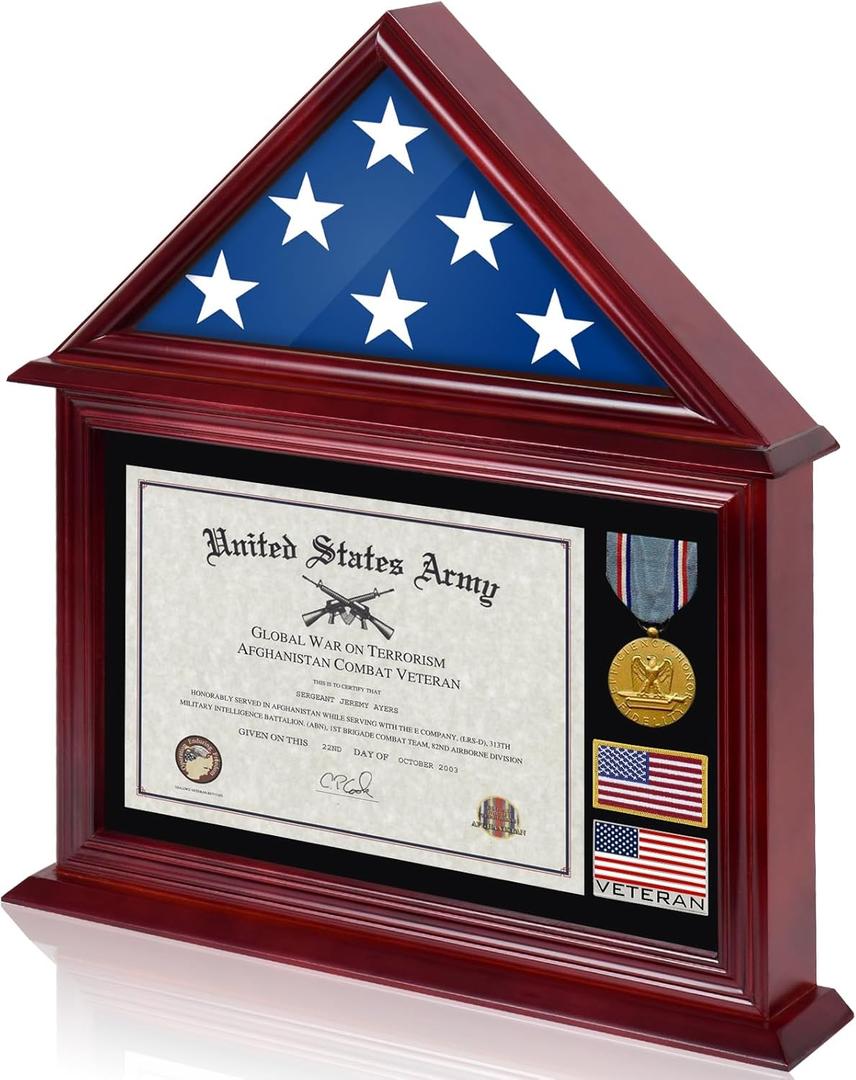 Solid Wood Flag Certificate Display Case Box with HD Tempered Glass Fit Small Folded 3'x5' American Flag(Not for 9.5'x5' Burial Flag), Veteran Military Shadow Box Felt Lining for Badge Medal, Mahogany