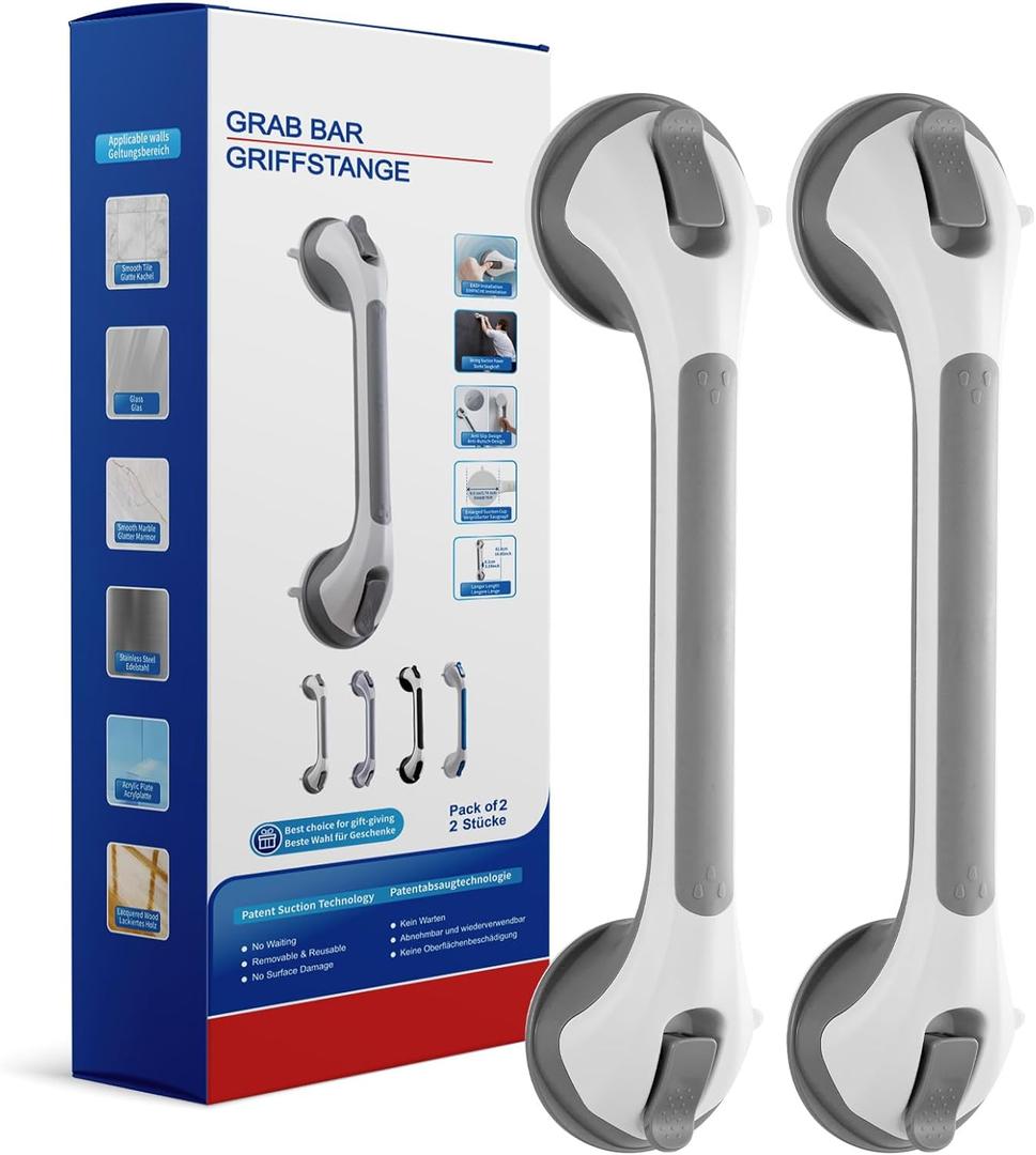 Grab Bars for Bathtubs and Showers 2 Pack Shower Handle, Heavy Duty Suction Grab Bar Bath Handrails for Seniors and Elderly, Bathroom Safety Grip No Drilling Waterproof Removable, Grey (Gray)