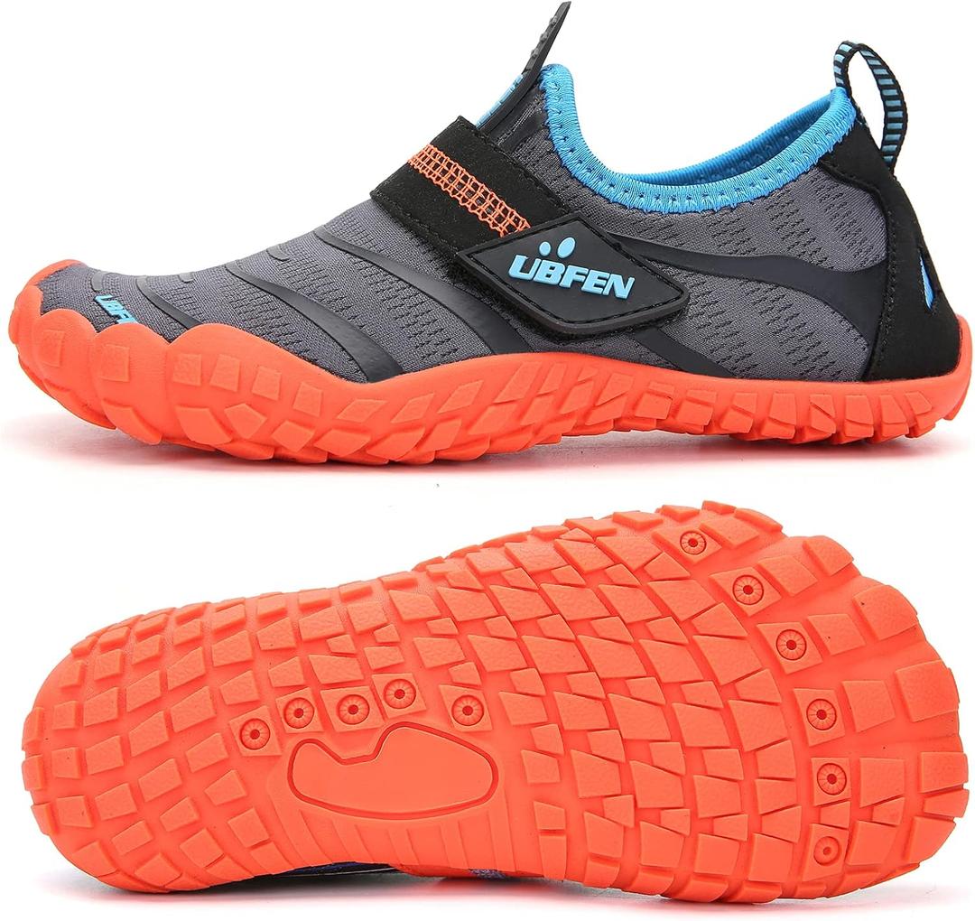 UBFEN Water Shoes for Kids Boys Girls Aqua Socks Barefoot Beach Sports Swim Pool Quick Dry Lightweight Toddler Little Big Kid (A Grey Orange) 10
