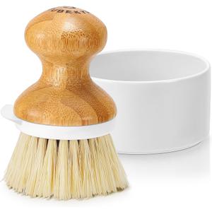 SUBEKYU Bamboo Dish Brush, Kitchen Dish Scrubber Brush with Soap Dispenser, Natural Wooden Dishwashing Brush for Cleaning Dishes/Pans/Pots, Built-in Scraper, Sisal Bristles,1 Set