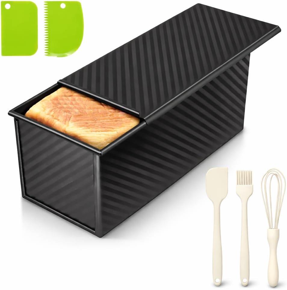 2.2lb Pullman Loaf Pan with Lid, Nonstick Carbon Steel Square Bread Pan for Baking Shokupan, Sandwich, Pain de Mie & Sourdough  Includes 6 Bonus Tools (Black)