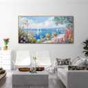 XLSJERST Blue Coastal Wall Art - Ocean Seascape Canvas Yellow Green Flowers Painting Landscape Sailboat Picture Artwork Modern Large Framed for Living Room Bedroom Home Office Decor 20"x40"