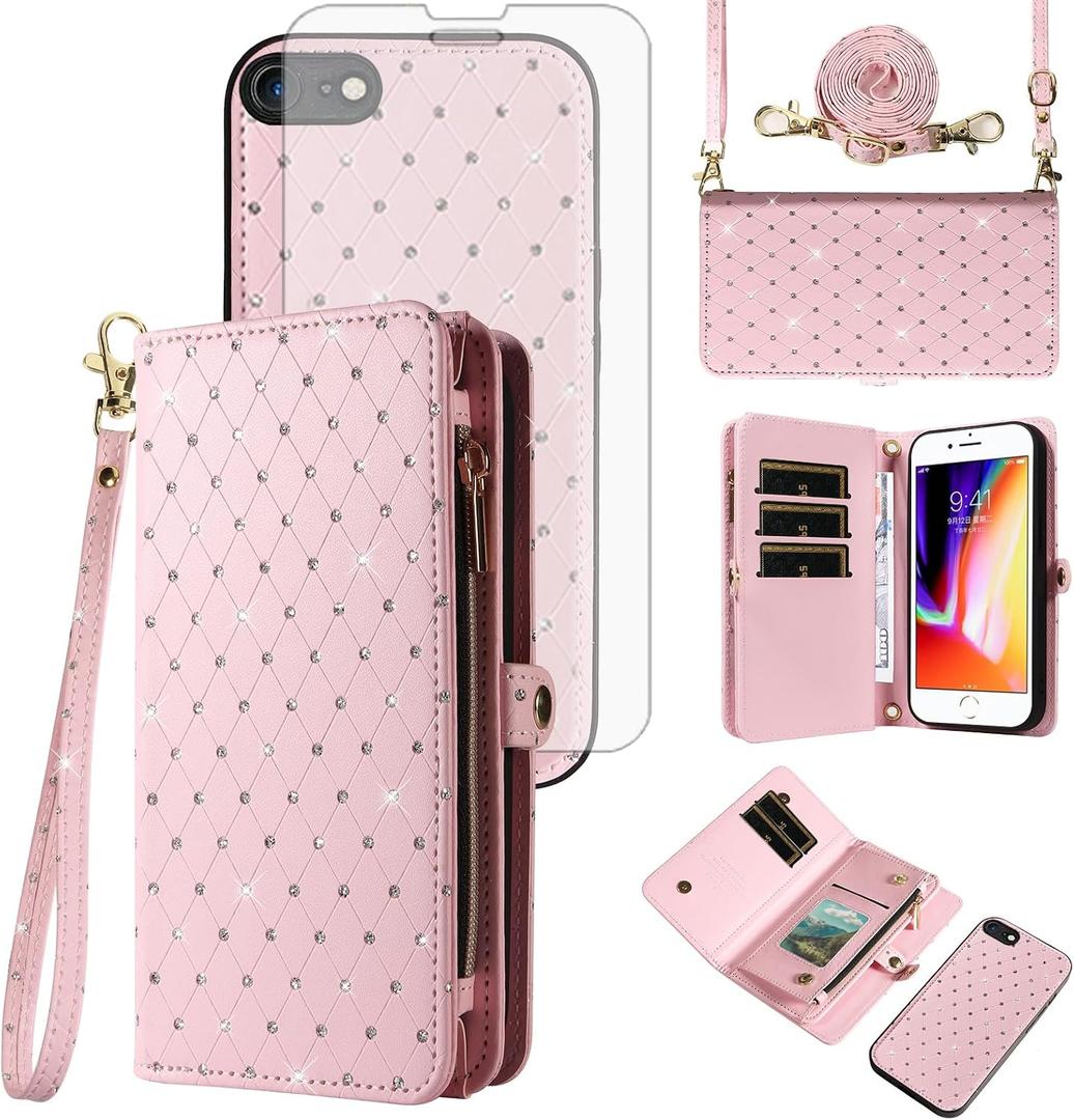 Phone Case for iPhone 7/8/SE 2020/2022 Zipper Wallet Cell Cover with Screen Protector Strap Glitter Flip Card Holder Slot iPhone7 i SE2020 SE2022 2/2nd/3/3rd Generation SE2 SE3 7SE 8SE Women Rose Gold