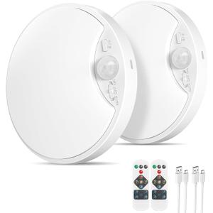 2 Pack 10000mAh Rechargeable Motion Sensor Ceiling Light with Remote, Battery Operated Closet Light No Wiring, Magnetic Wireless LED Ceiling Lights, 3 Color Overhead Lamp for Shower Pantry Hallway (3CCT-7-White)