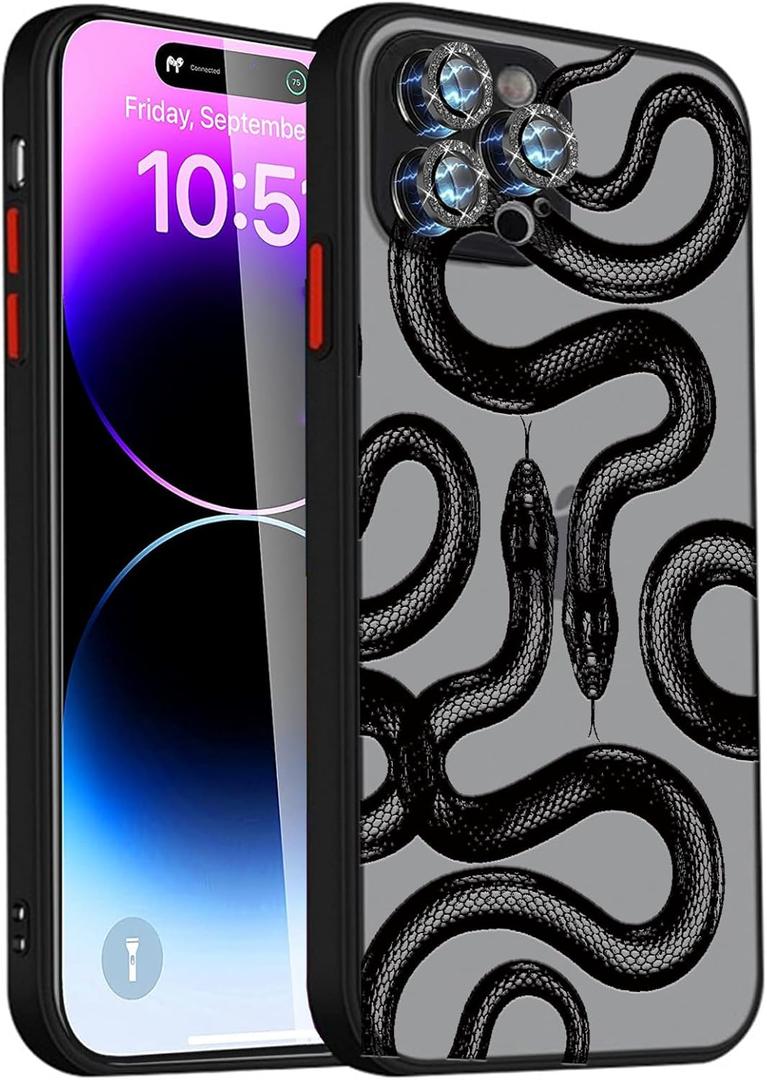 Compatible for iPhone 15 Pro Max Case with Bling Camera Lens Protector Cute Fashion Luruxy Black Snake 3D Pattern Slim Shockproof iPhone Pro Max Case for Women Girls Men Boys