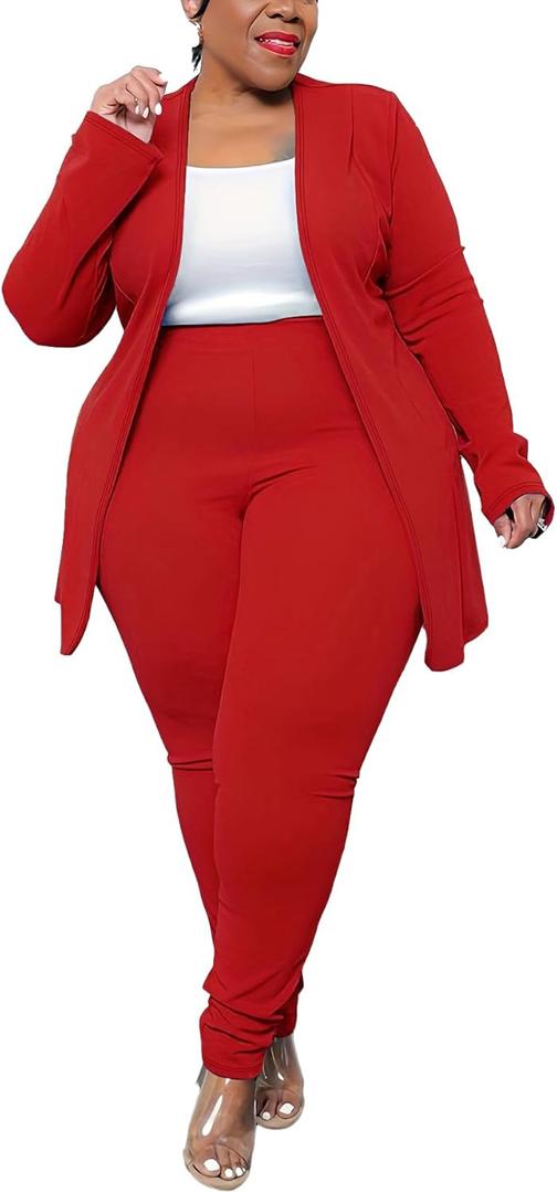 Women's Plus Size 2 Piece Outfits Open Front Blazer and High Waisted Long Pant Suit Set Business Loungewear (Red, XL)