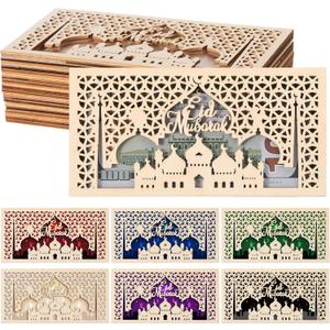 Novabright 12 Pcs Eid Mubarak Wooden Money Holders Ramadan Cash Envelope Cash Wallet DIY Eid Holders for Friends Family Muslim Party Decoration, 6 Styles (Horizontal)