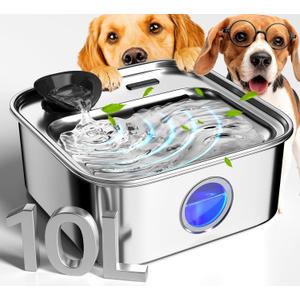 Oneisall Dog Water Fountain for Large Dogs, 10L/2.6Gal Stainless Steel Automatic Dog Water Bowl Dispenser with Deeper, Wider Drinking Area, Water Window & Triple Filtration for Large Dogs & Multi-Pet