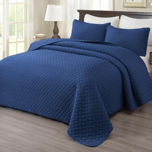 EMME Quilts King Size Bedding Sets, Navy Blue Bedspread Soft Lightweight Pre-Washed Quilt, 3 Piece Cozy Reversible Microfiber Coverlet with Pillow Sham (Basket Weave,106"x96")