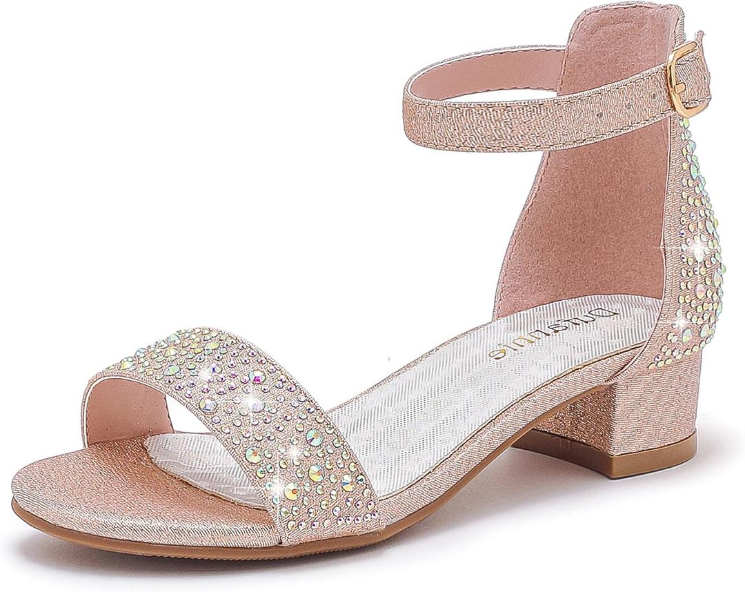 Dufannie Girls Sandals Low Heels Dress Pump Ankle Strap Open Toe Flower Girl Wedding Party for Toddler Little Big Kid (Single Rhinestone Rosegold, 12)