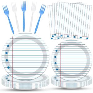Back to School Party Supplies - Serves 25, Notebook Lined Paper Disposable Tableware, Includes Paper Plates, Napkins, and Plastic Forks for Kids’ Birthday, Classroom, Teacher Themed Decoration