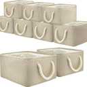 9 Pack Storage Basket Bins & Decorative Baskets Fabric Storage Cubes Containers Bulk W/Handles for Office, Home, Books, Clothes, Bedroom, Closet (Beige)