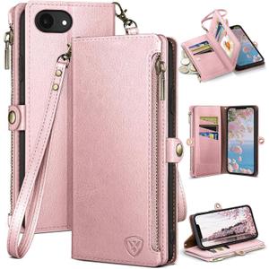 XcaseBar Compatible with iPhone 16e 6.1"/17e 6.1" Wallet case with Zipper Credit Card HolderRFID Blocking,Flip Folio Book Leather Phone case Shockproof Cover Women Men for Apple 16e case Rose Gold