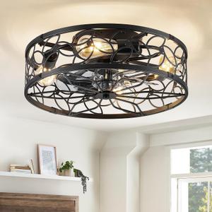 LEDIARY Caged Ceiling Fans with Lights, Black Flush Mount Ceiling Fan with Remote&App, Small Low Profile Bladeless Ceiling Fan Light Fixture for Bedroom, Kitchen, Dining Room., Medium