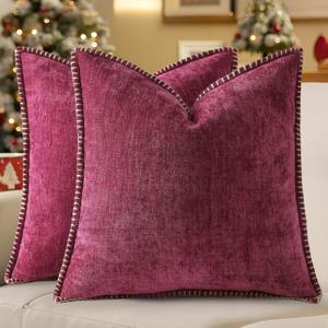 decorUhome Christmas Chenille Soft Throw Pillow Covers 26x26 Set of 2, Farmhouse Velvet Neutral Decorative Euro Pillow Covers with Stitched Edge for Couch Sofa Bed Home Decor, Rhododendron