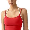 QINSEN Women's Spaghetti Strap Tank Top Slim Fitting Layered Halter Neck Sleeveless Crop Cami Shirt, Red, L