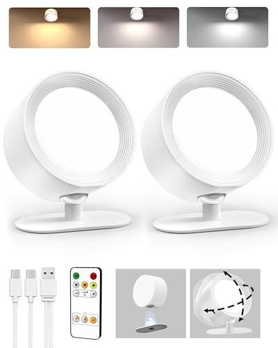 AMETHEUS LED Wall Mounted Lights, Rechargeable Wall Sconces Lamp, 3 Color Temps & Remote and Touch, 360°Rotation Dimmable Cordless Wall Light for Study Bedroom Reading Bedside(White, 2 Pack)