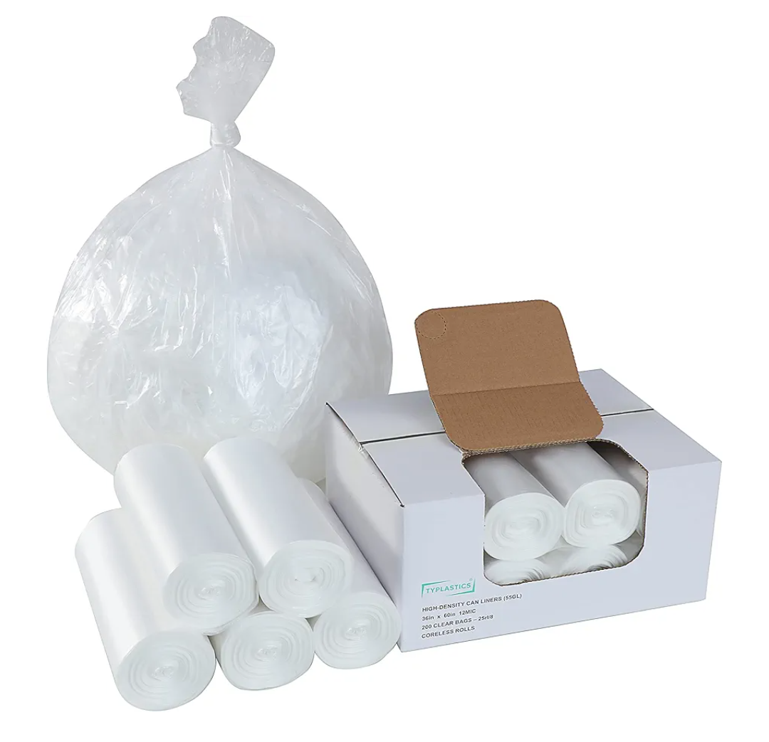 TYPLASTICS 55 Gallon Clear Trash Can Liners - 36" x 60" - High Density Garbage Bags - Case of 200 - Multipurpose for Office, Outdoor, Recycling, Industrial and Commercial Set Of 10