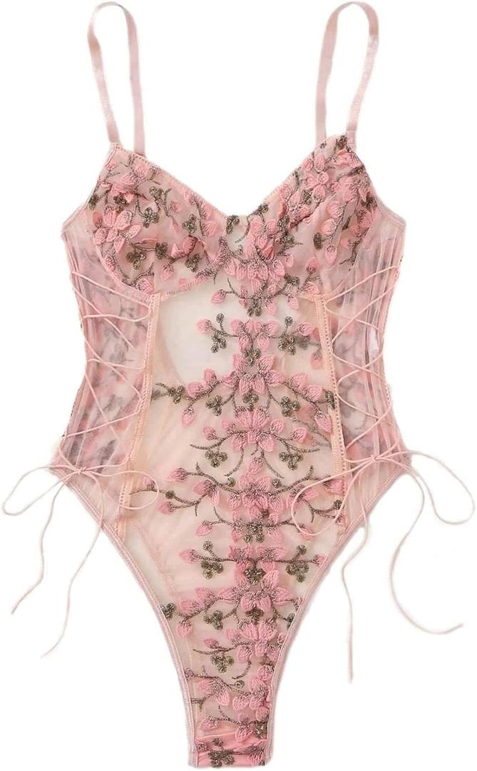 Lilosy Women Sexy Lace Up Floral Embroidered Teddy Babydoll Lingerie Bodysuit Top Mesh Sheer One Piece See Through Pink, X-Large
