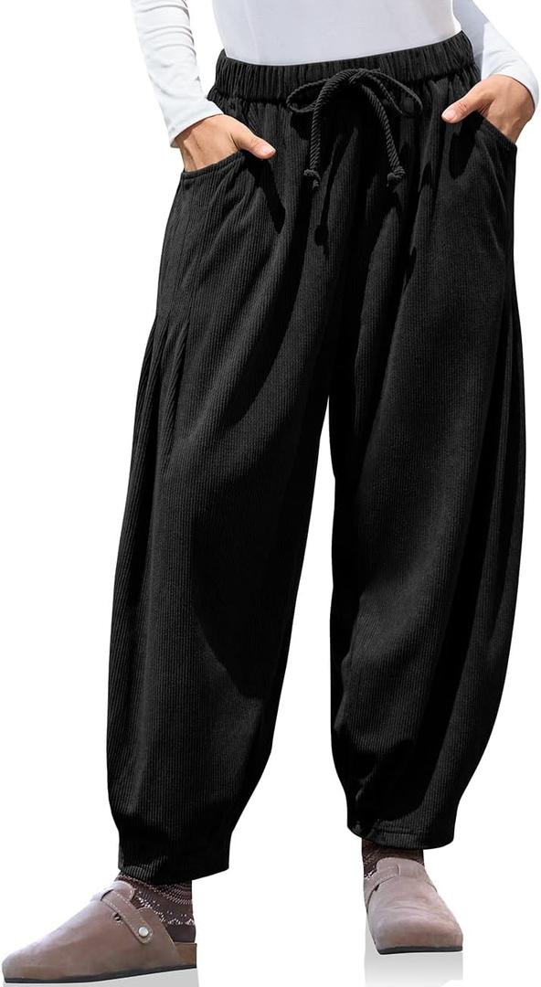 TARSE Womens Baggy Wide Leg Pants Corduroy Casual Drawstring Waist Palazzo Harem Pants with Pockets (Small, Black)