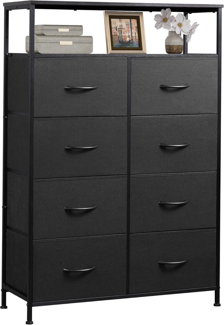 WLIVE Fabric Dresser for Bedroom with Open Shelves, Tall White Dresser with 8 Drawers, Storage Tower with Fabric Bins, Chest of Drawers for Closet, Hallway (Charcoal Black)