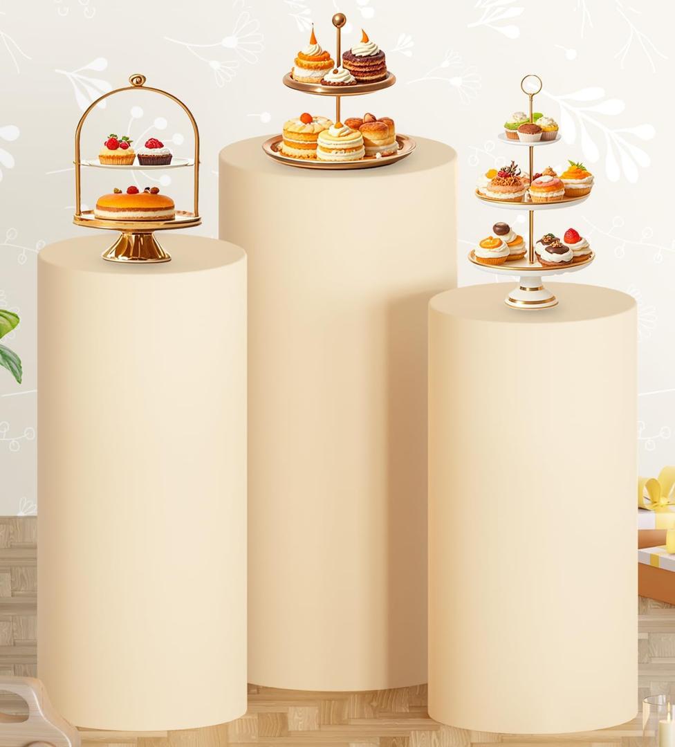 MODFUNS Cylinder Pedestal Cover Set of 3 Beige Cylinder Cover Spandex Pedestal Stand Cover Elastic Round Pillar Cover Vintage Cylinder Plinth Stand Cover for Wedding Reception Dessert Table Decor