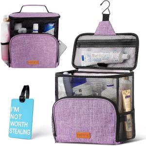 Hanging Toiletry Bag, Shower Caddy Tote Bag (Updated Version, Full Size Bottle Compatible), Bath Organizer for College Dorms, Gym, Camp, Women Men, with Funny Luggage Tag (Purple)